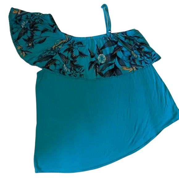 Time and Tru Off the Shoulder Teal Blue Tropical Ruffle Front Top XL 16-18 - Picture 1 of 8